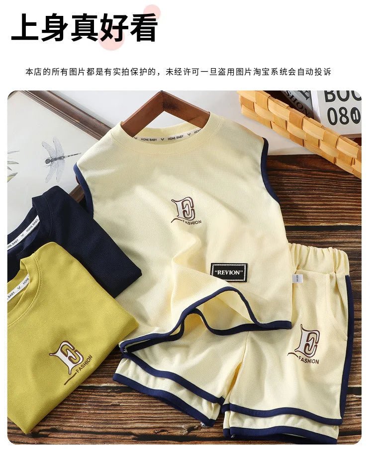 Kids Clothing Sets Summer Sleeveless T-shirt +shorts 2pcs/set Sport Suits for Boys Waffle Baby Sports Tracksuits Toddler Outfits - Mom & Kids