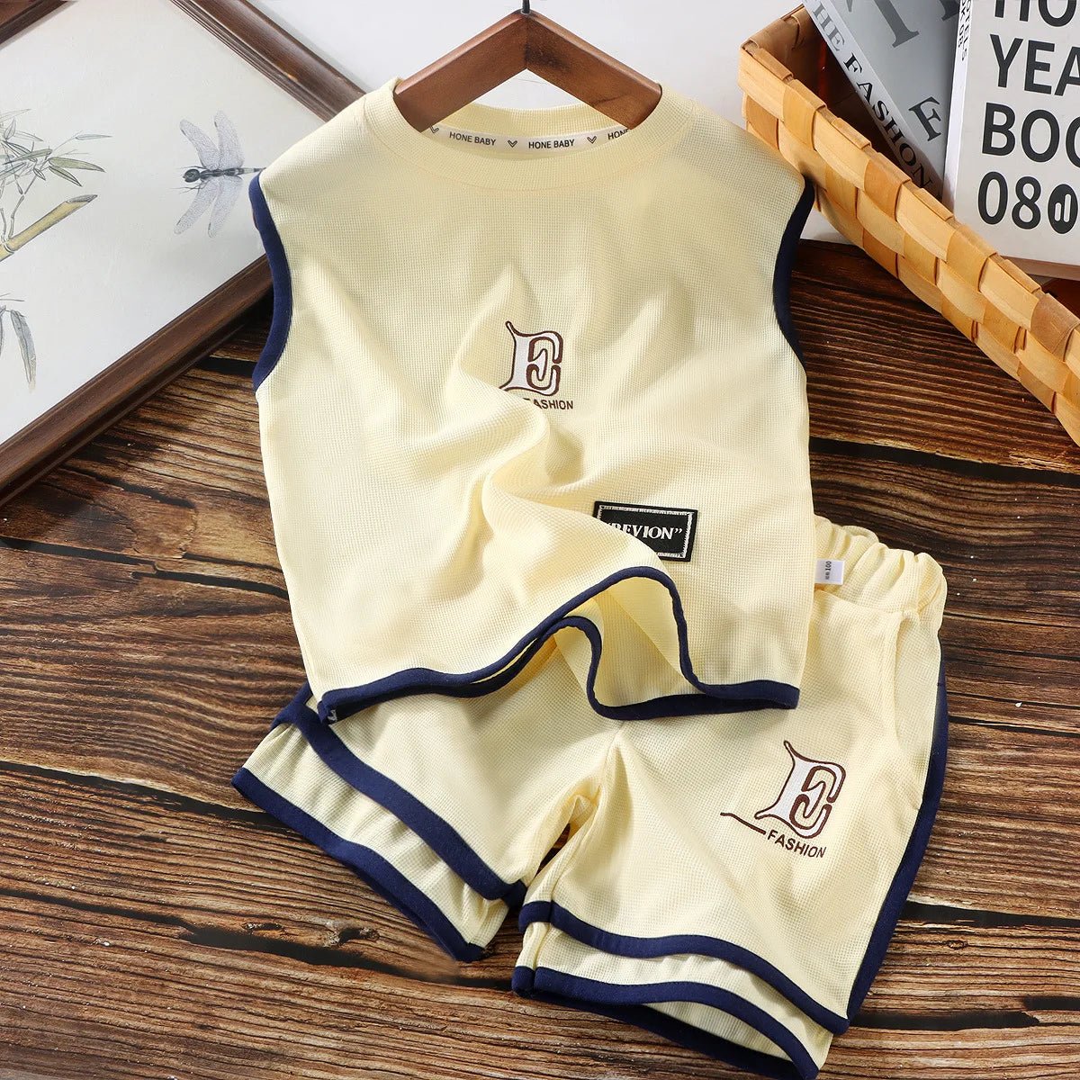 Kids Clothing Sets Summer Sleeveless T-shirt +shorts 2pcs/set Sport Suits for Boys Waffle Baby Sports Tracksuits Toddler Outfits - Mom & Kids