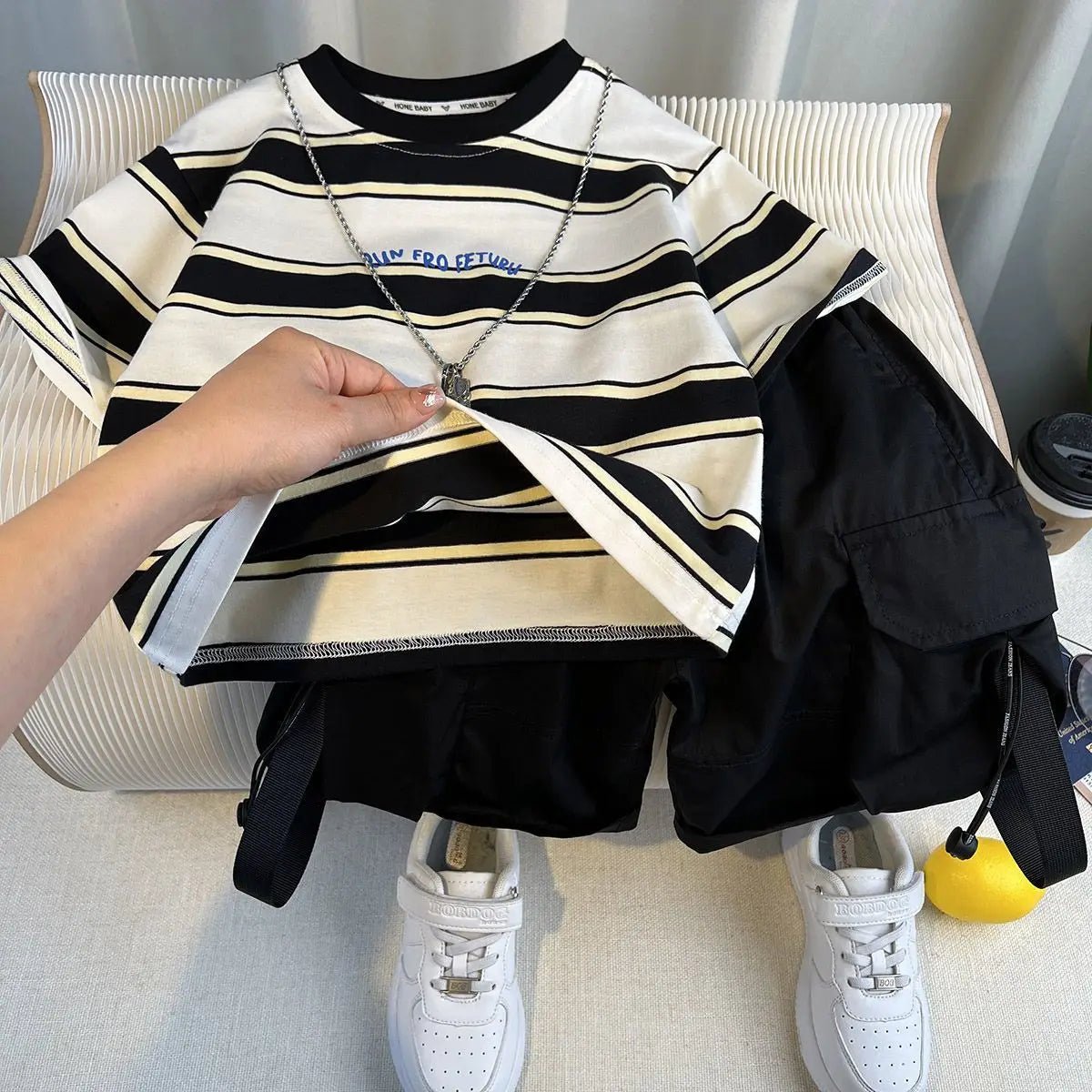 Korean Boys Summer Children's Top and Bottom 2PC Sets Short Sleeve T-Shirt & Denim Shorts Kids Clothes 1-7 Years Black Toddler - Mom & Kids
