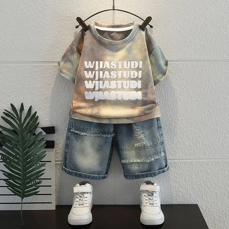 Korean Boys Summer Children's Top and Bottom 2PC Sets Short Sleeve T-Shirt & Denim Shorts Kids Clothes 1-7 Years Black Toddler - Mom & Kids