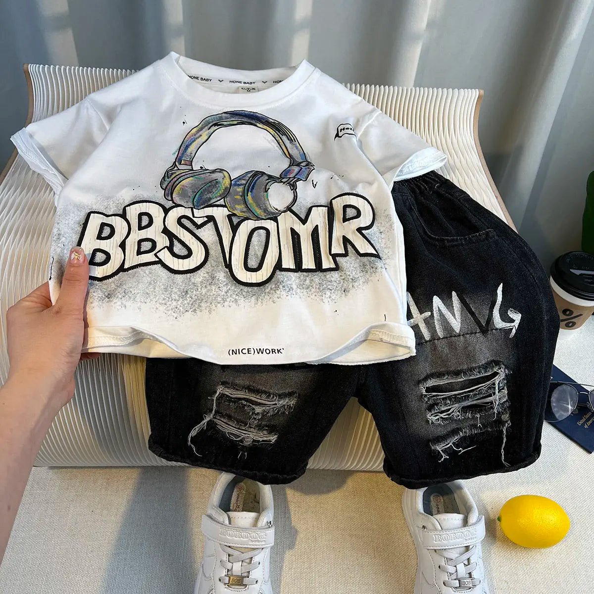 Korean Boys Summer Children's Top and Bottom 2PC Sets Short Sleeve T-Shirt & Denim Shorts Kids Clothes 1-7 Years Black Toddler - Mom & Kids