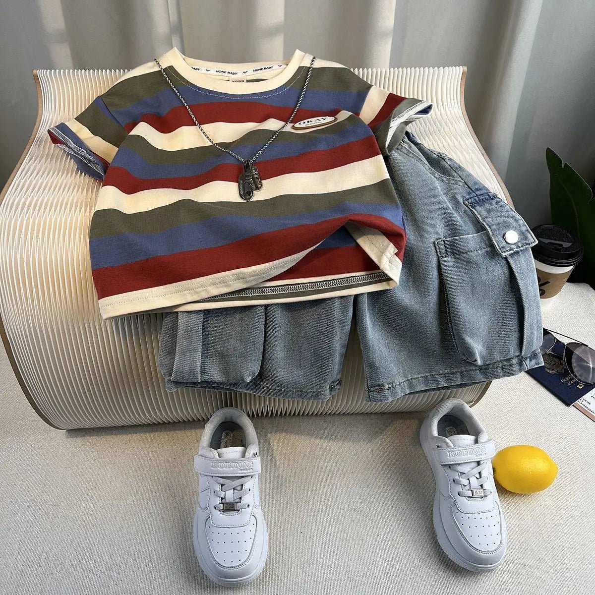 Korean Boys Summer Children's Top and Bottom 2PC Sets Short Sleeve T-Shirt & Denim Shorts Kids Clothes 1-7 Years Black Toddler - Mom & Kids