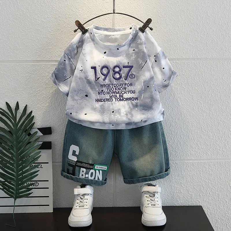 Korean Boys Summer Children's Top and Bottom 2PC Sets Short Sleeve T-Shirt & Denim Shorts Kids Clothes 1-7 Years Black Toddler - Mom & Kids