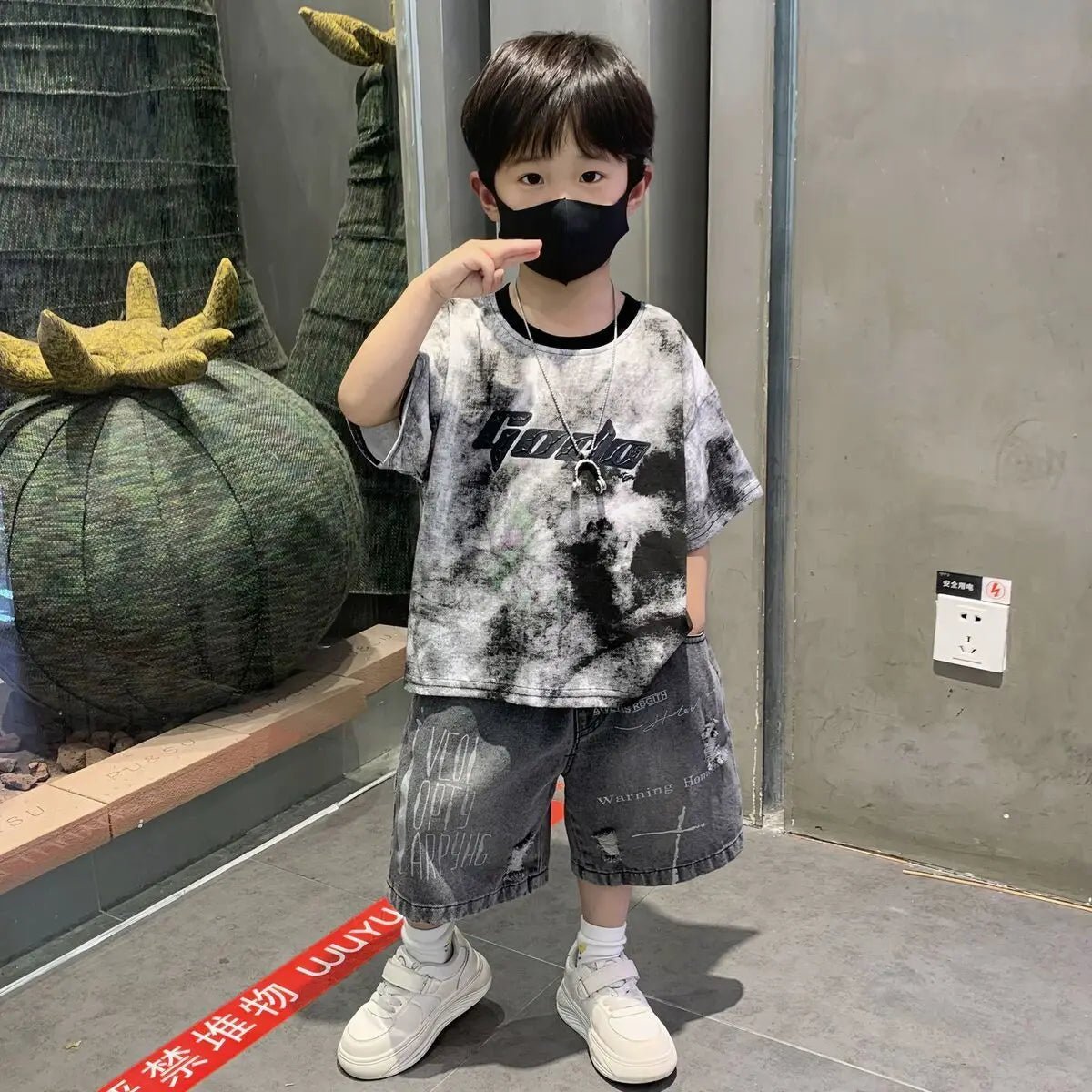Korean Boys Summer Children's Top and Bottom 2PC Sets Short Sleeve T-Shirt & Denim Shorts Kids Clothes 1-7 Years Black Toddler - Mom & Kids