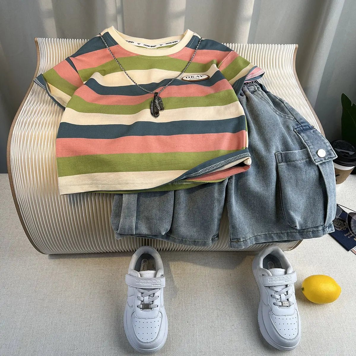 Korean Boys Summer Children's Top and Bottom 2PC Sets Short Sleeve T-Shirt & Denim Shorts Kids Clothes 1-7 Years Black Toddler - Mom & Kids
