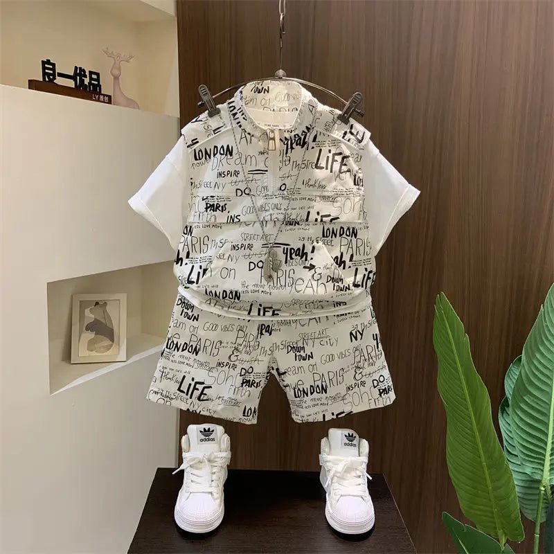 Korean Boys Summer Children's Top and Bottom 2PC Sets Short Sleeve T-Shirt & Denim Shorts Kids Clothes 1-7 Years Black Toddler - Mom & Kids