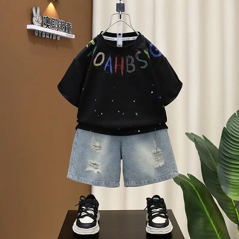 Korean Boys Summer Children's Top and Bottom 2PC Sets Short Sleeve T-Shirt & Denim Shorts Kids Clothes 1-7 Years Black Toddler - Mom & Kids