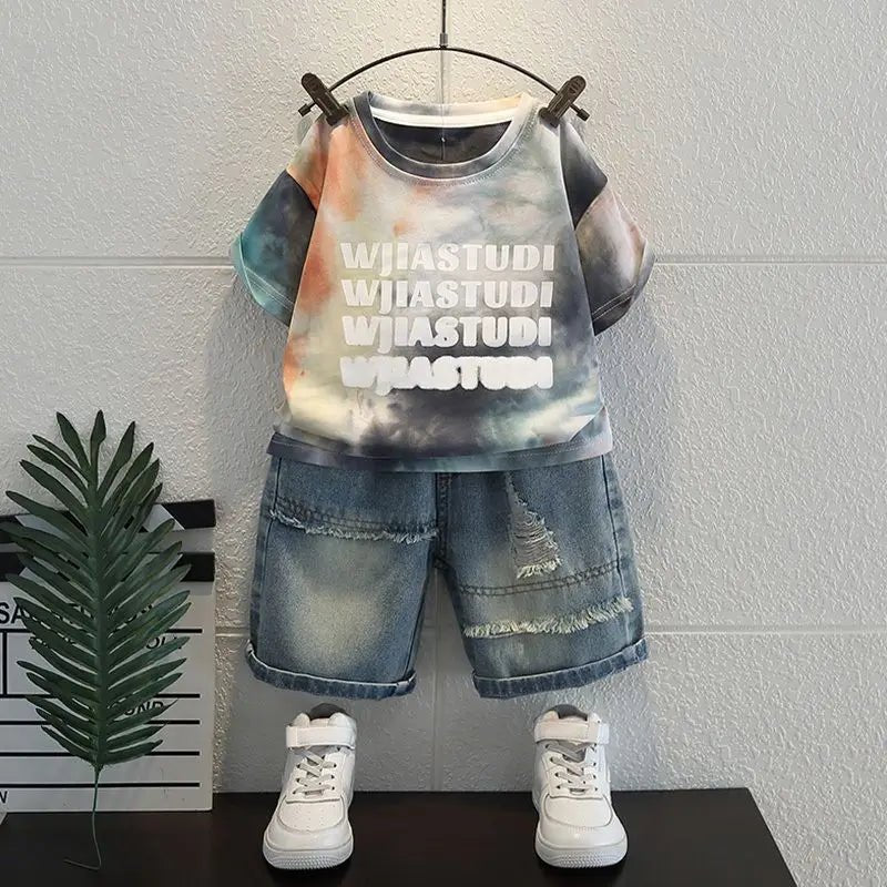 Korean Boys Summer Children's Top and Bottom 2PC Sets Short Sleeve T-Shirt & Denim Shorts Kids Clothes 1-7 Years Black Toddler - Mom & Kids