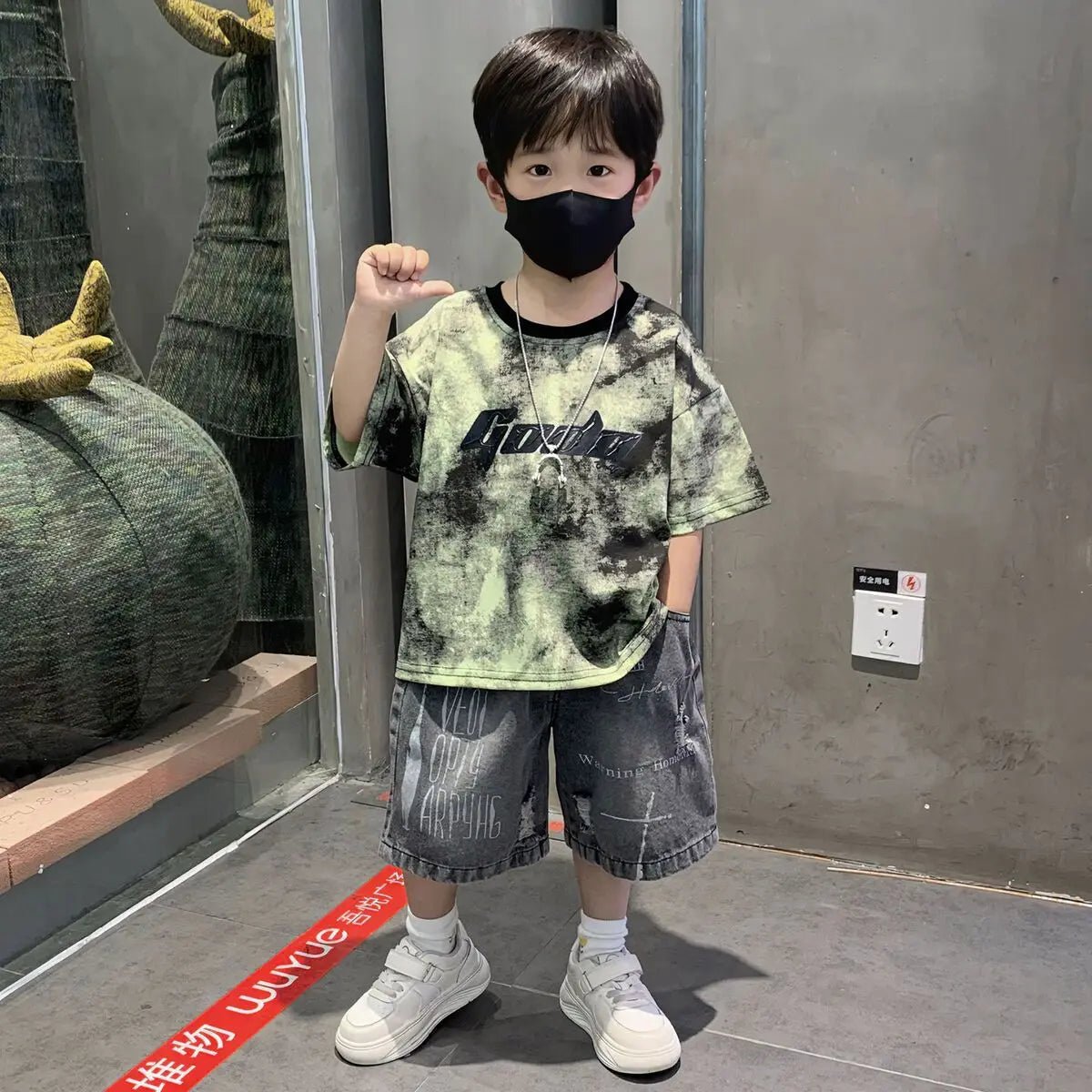 Korean Boys Summer Children's Top and Bottom 2PC Sets Short Sleeve T-Shirt & Denim Shorts Kids Clothes 1-7 Years Black Toddler - Mom & Kids