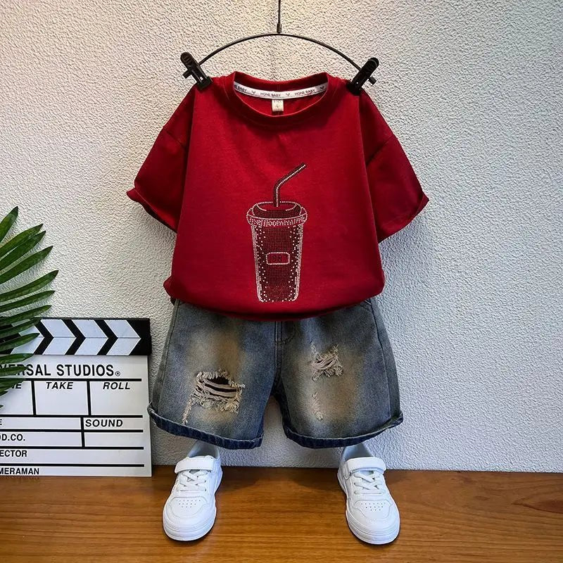 Korean Boys Summer Children's Top and Bottom 2PC Sets Short Sleeve T-Shirt & Denim Shorts Kids Clothes 1-7 Years Black Toddler - Mom & Kids