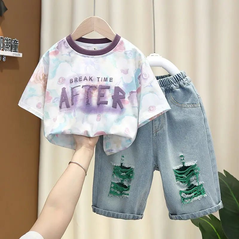 Korean Boys Summer Children's Top and Bottom 2PC Sets Short Sleeve T-Shirt & Denim Shorts Kids Clothes 1-7 Years Black Toddler - Mom & Kids