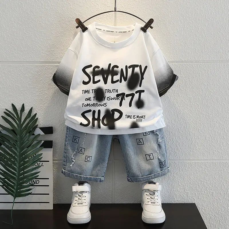 Korean Boys Summer Children's Top and Bottom 2PC Sets Short Sleeve T-Shirt & Denim Shorts Kids Clothes 1-7 Years Black Toddler - Mom & Kids