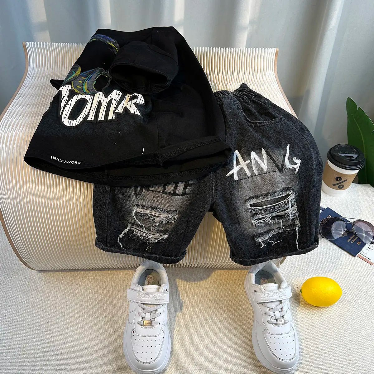 Korean Boys Summer Children's Top and Bottom 2PC Sets Short Sleeve T-Shirt & Denim Shorts Kids Clothes 1-7 Years Black Toddler - Mom & Kids