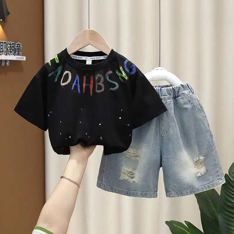 Korean Boys Summer Children's Top and Bottom 2PC Sets Short Sleeve T-Shirt & Denim Shorts Kids Clothes 1-7 Years Black Toddler - Mom & Kids