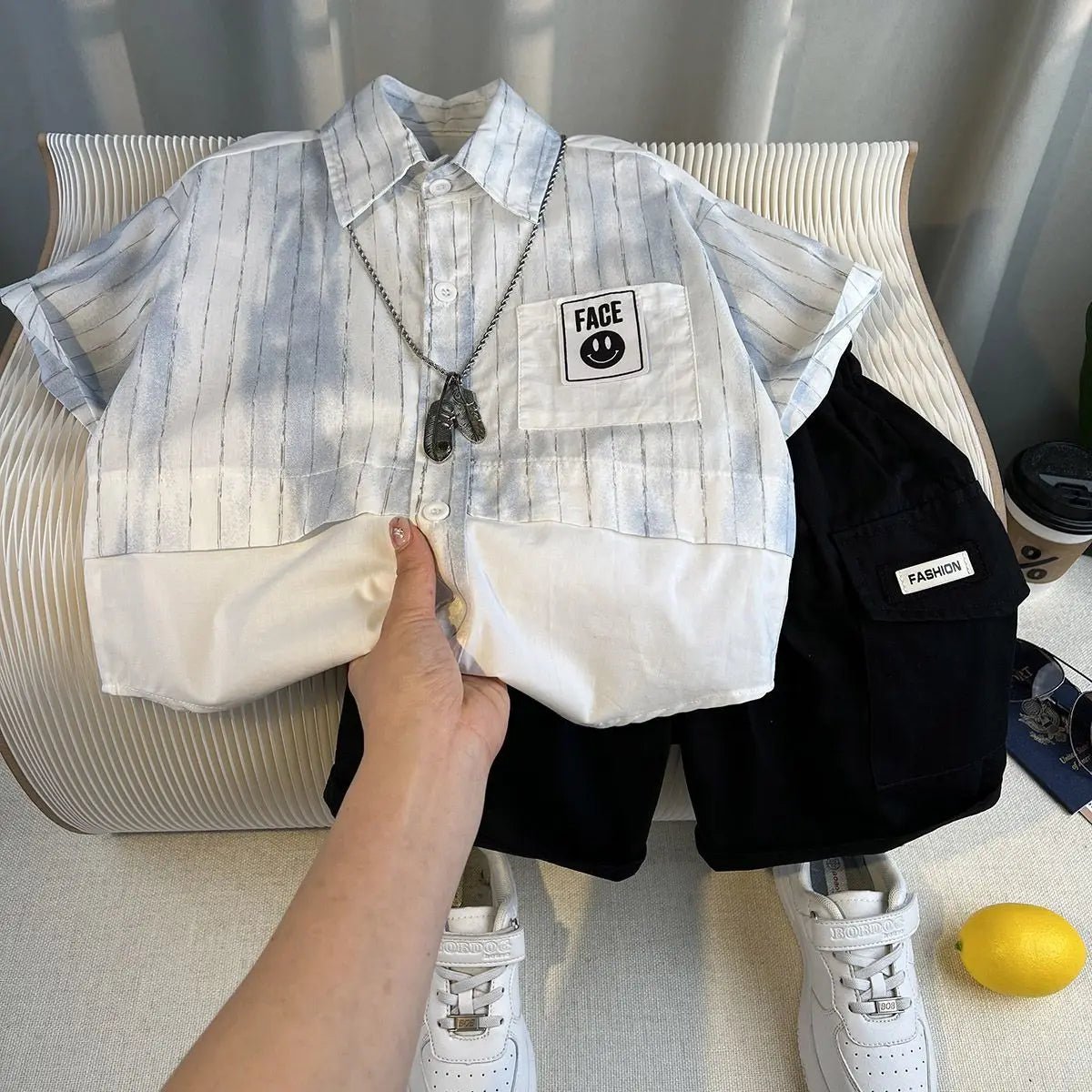 Korean Boys Summer Children's Top and Bottom 2PC Sets Short Sleeve T-Shirt & Denim Shorts Kids Clothes 1-7 Years Black Toddler - Mom & Kids