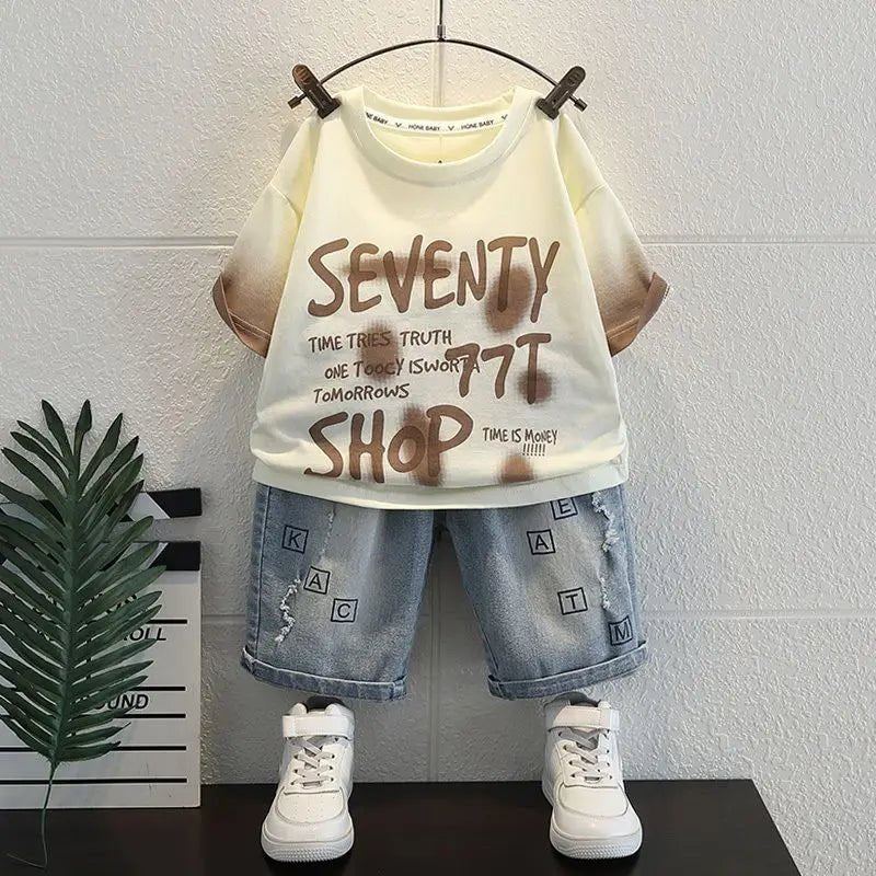Korean Boys Summer Children's Top and Bottom 2PC Sets Short Sleeve T-Shirt & Denim Shorts Kids Clothes 1-7 Years Black Toddler - Mom & Kids