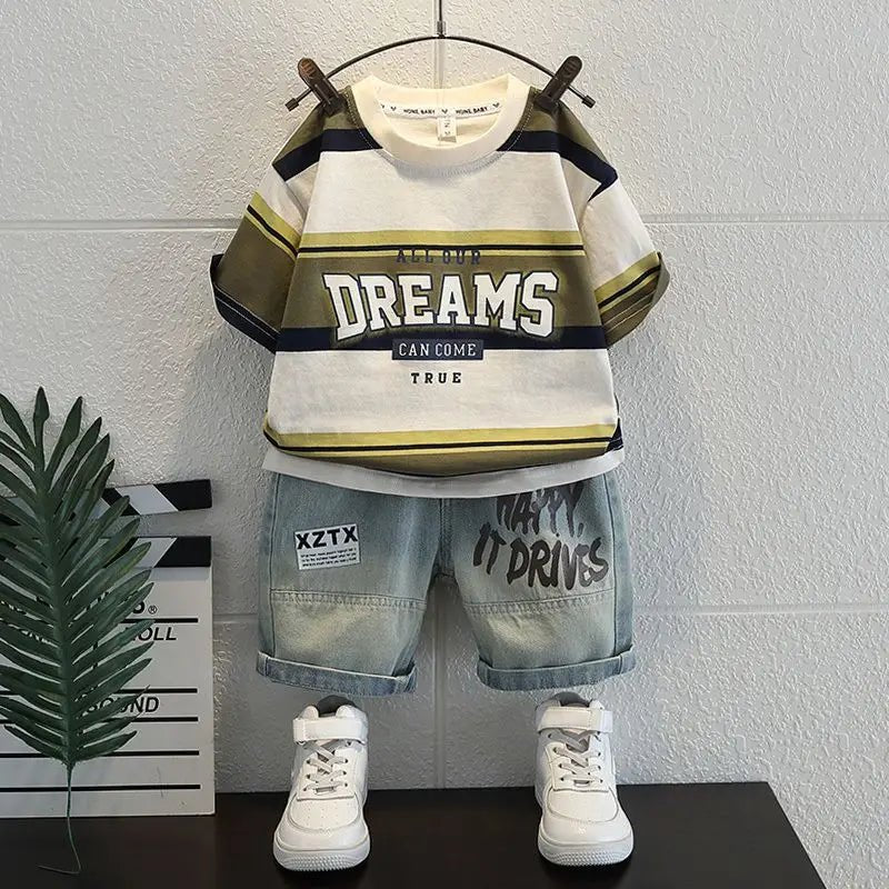 Korean Boys Summer Children's Top and Bottom 2PC Sets Short Sleeve T-Shirt & Denim Shorts Kids Clothes 1-7 Years Black Toddler - Mom & Kids