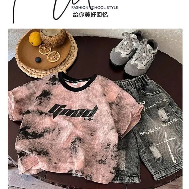 Korean Boys Summer Children's Top and Bottom 2PC Sets Short Sleeve T-Shirt & Denim Shorts Kids Clothes 1-7 Years Black Toddler - Mom & Kids
