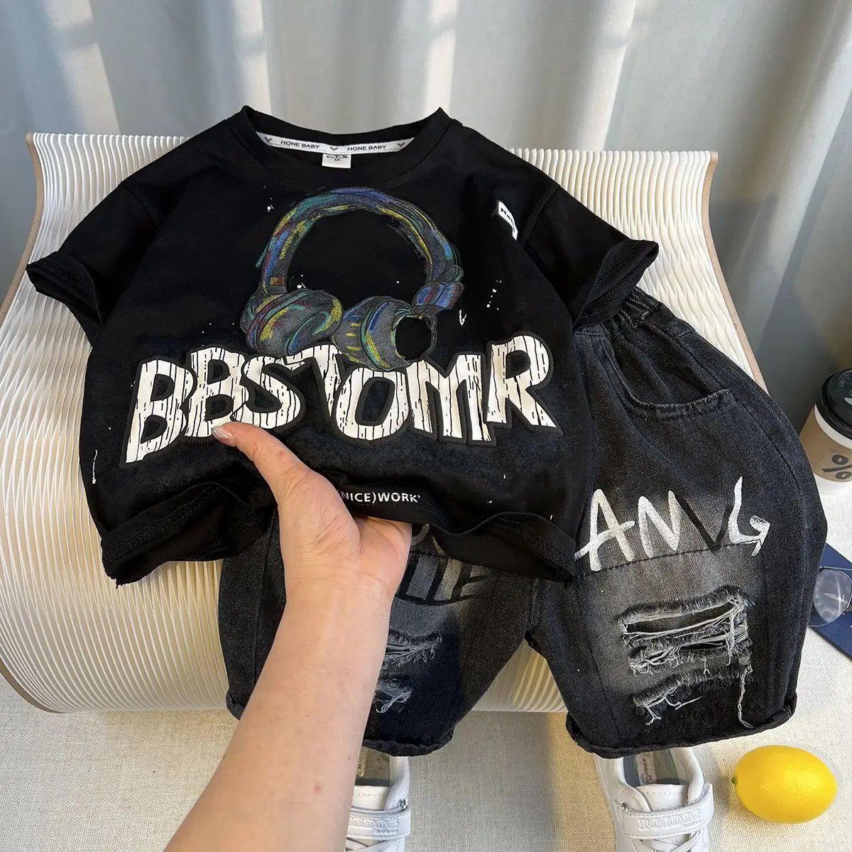 Korean Boys Summer Children's Top and Bottom 2PC Sets Short Sleeve T-Shirt & Denim Shorts Kids Clothes 1-7 Years Black Toddler - Mom & Kids