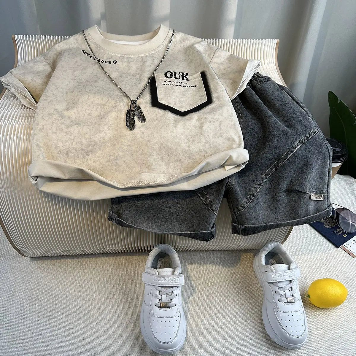 Korean Boys Summer Children's Top and Bottom 2PC Sets Short Sleeve T-Shirt & Denim Shorts Kids Clothes 1-7 Years Black Toddler - Mom & Kids