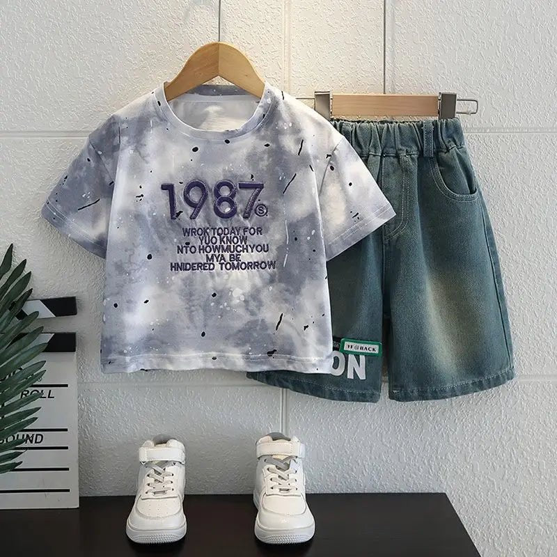 Korean Boys Summer Children's Top and Bottom 2PC Sets Short Sleeve T-Shirt & Denim Shorts Kids Clothes 1-7 Years Black Toddler - Mom & Kids
