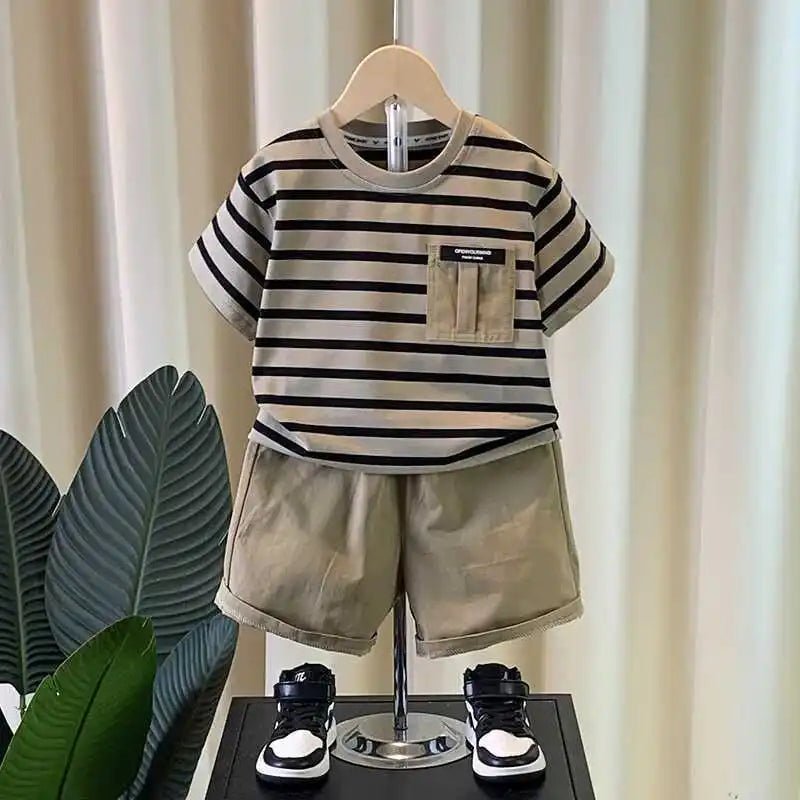 Korean Boys Summer Children's Top and Bottom 2PC Sets Short Sleeve T-Shirt & Denim Shorts Kids Clothes 1-7 Years Black Toddler - Mom & Kids