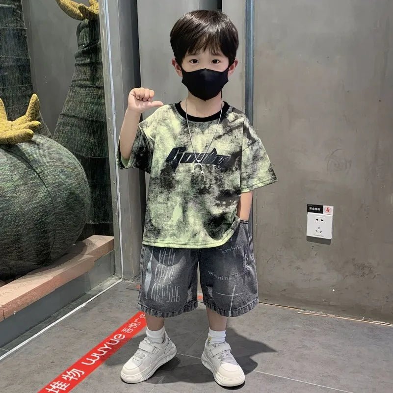 Korean Boys Summer Children's Top and Bottom 2PC Sets Short Sleeve T-Shirt & Denim Shorts Kids Clothes 1-7 Years Black Toddler - Mom & Kids