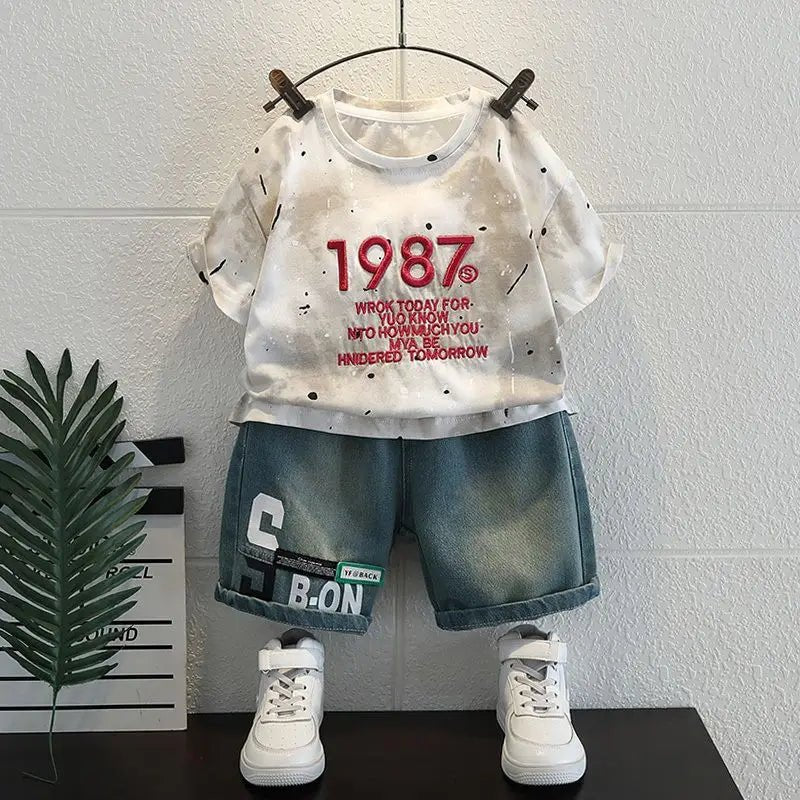 Korean Boys Summer Children's Top and Bottom 2PC Sets Short Sleeve T-Shirt & Denim Shorts Kids Clothes 1-7 Years Black Toddler - Mom & Kids