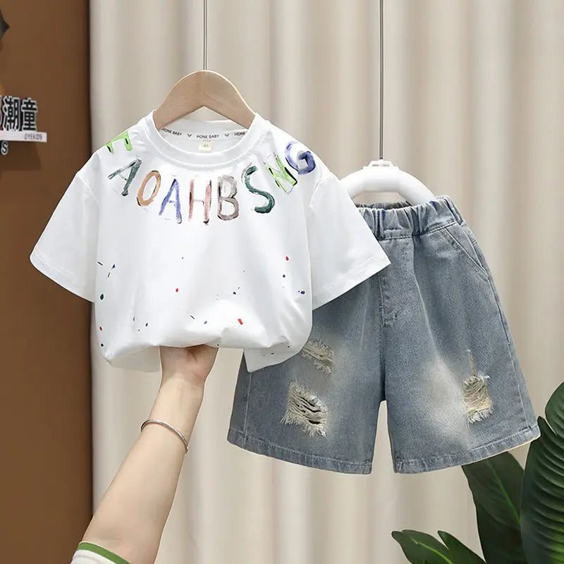 Korean Boys Summer Children's Top and Bottom 2PC Sets Short Sleeve T-Shirt & Denim Shorts Kids Clothes 1-7 Years Black Toddler - Mom & Kids