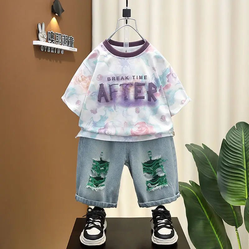 Korean Boys Summer Children's Top and Bottom 2PC Sets Short Sleeve T-Shirt & Denim Shorts Kids Clothes 1-7 Years Black Toddler - Mom & Kids
