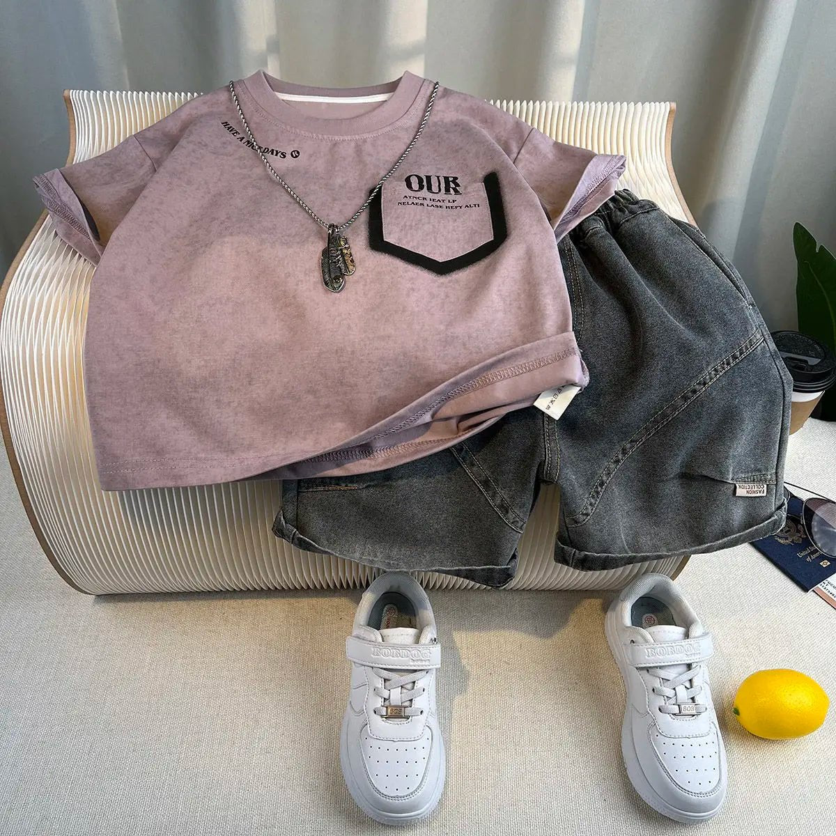 Korean Boys Summer Children's Top and Bottom 2PC Sets Short Sleeve T-Shirt & Denim Shorts Kids Clothes 1-7 Years Black Toddler - Mom & Kids