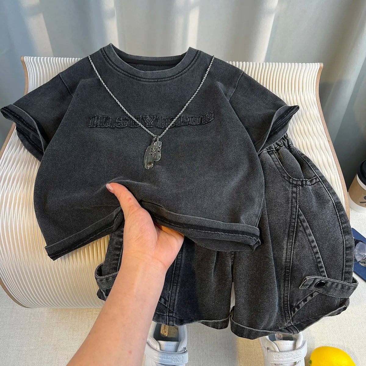Korean Boys Summer Children's Top and Bottom 2PC Sets Short Sleeve T-Shirt & Denim Shorts Kids Clothes 1-7 Years Black Toddler - Mom & Kids