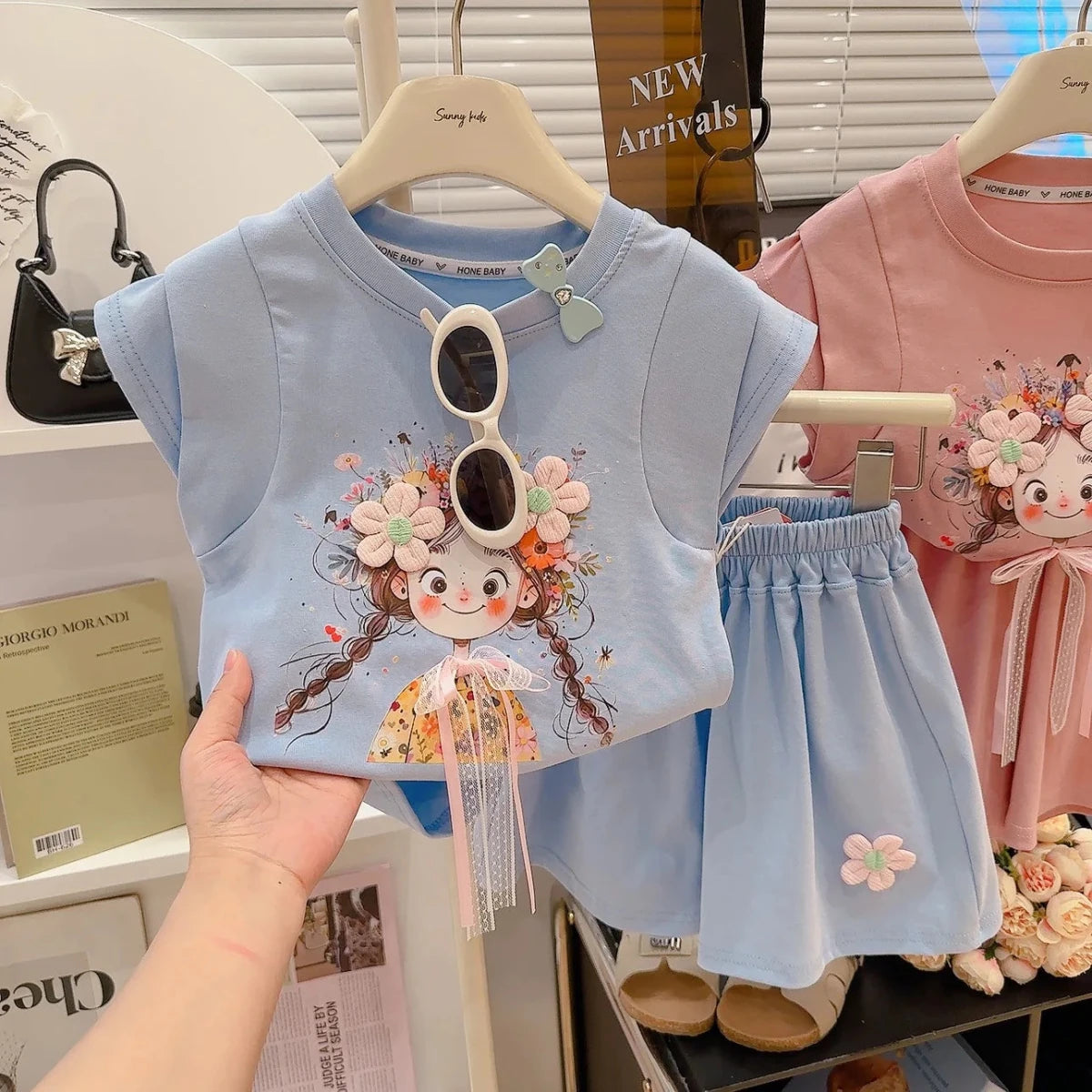 Korean Fresh Style Summer Set Cute Short Sleeve Top & High-Waist Shorts for Girls, 2-Piece Outfit - Mom & Kids