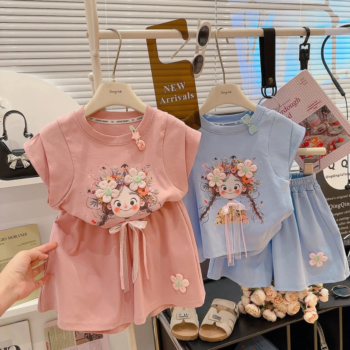 Korean Fresh Style Summer Set Cute Short Sleeve Top & High-Waist Shorts for Girls, 2-Piece Outfit - Mom & Kids