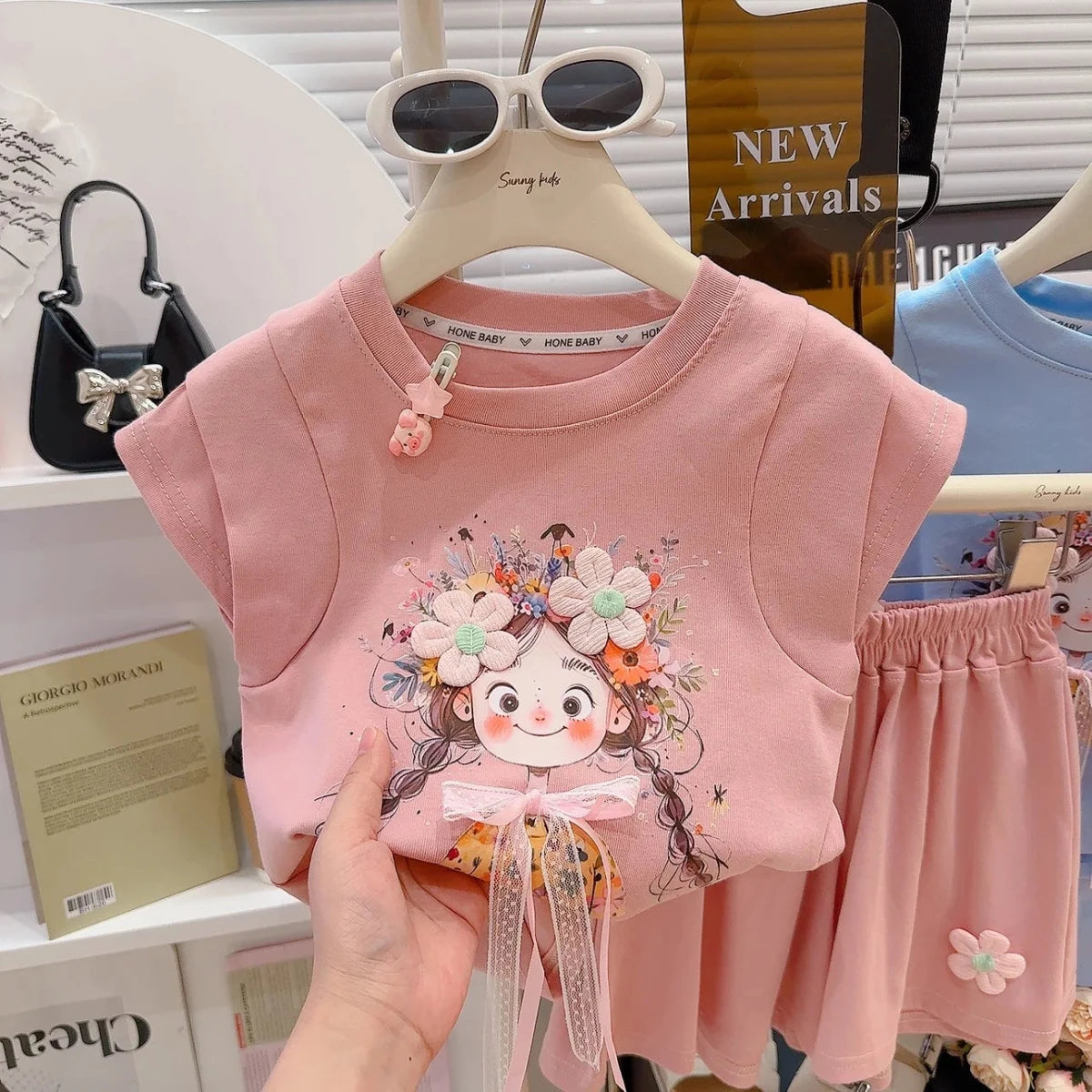Korean Fresh Style Summer Set Cute Short Sleeve Top & High-Waist Shorts for Girls, 2-Piece Outfit - Mom & Kids