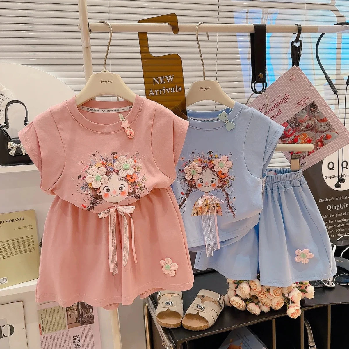 Korean Fresh Style Summer Set Cute Short Sleeve Top & High-Waist Shorts for Girls, 2-Piece Outfit - Mom & Kids