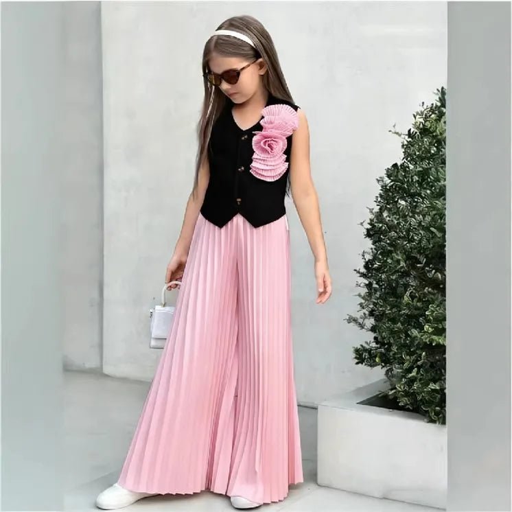 Little Girls' Color - Block Fashion Two - Piece Set: 3D Floral Sleeveless Vest + High - Waisted Pleated Wide - Leg Pants - Mom & Kids