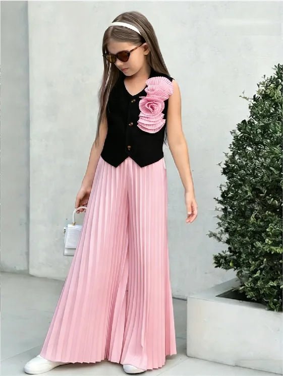 Little Girls' Color - Block Fashion Two - Piece Set: 3D Floral Sleeveless Vest + High - Waisted Pleated Wide - Leg Pants - Mom & Kids