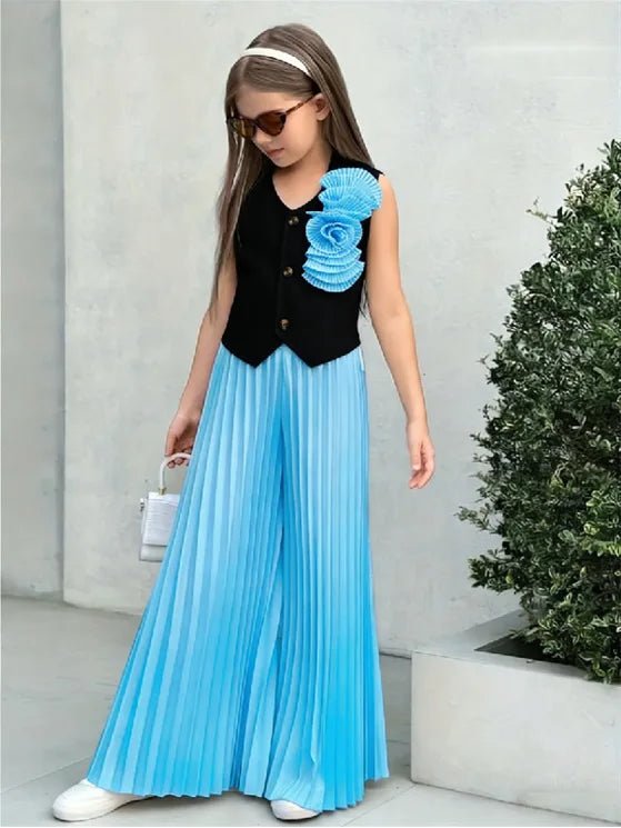 Little Girls' Color - Block Fashion Two - Piece Set: 3D Floral Sleeveless Vest + High - Waisted Pleated Wide - Leg Pants - Mom & Kids