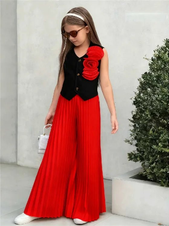 Little Girls' Color - Block Fashion Two - Piece Set: 3D Floral Sleeveless Vest + High - Waisted Pleated Wide - Leg Pants - Mom & Kids