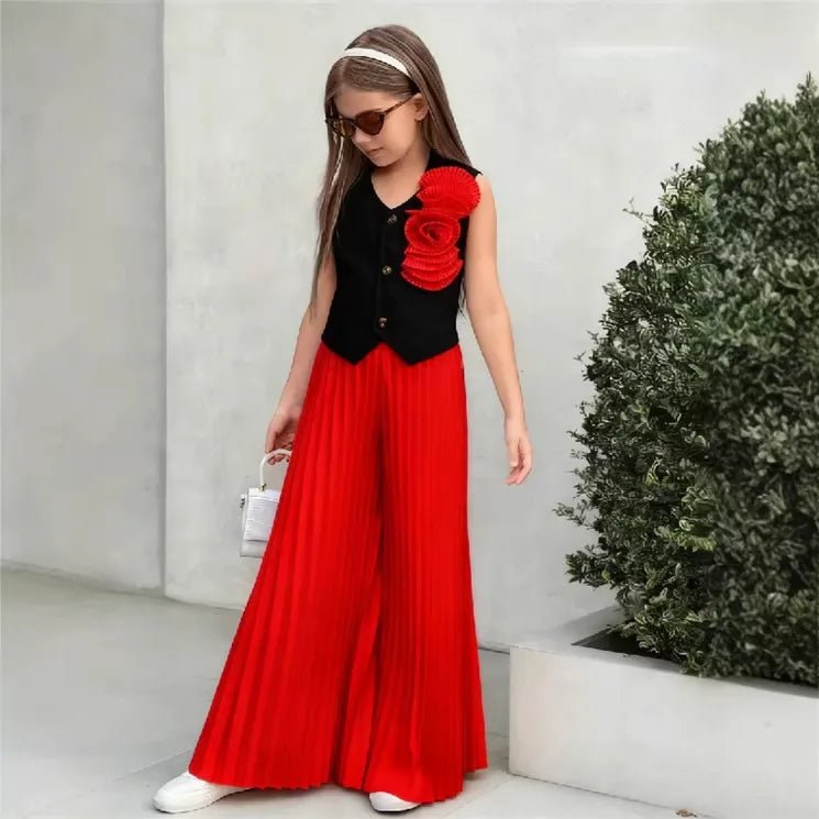 Little Girls' Color - Block Fashion Two - Piece Set: 3D Floral Sleeveless Vest + High - Waisted Pleated Wide - Leg Pants - Mom & Kids