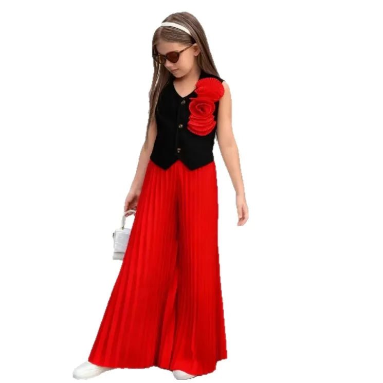 Little Girls' Color - Block Fashion Two - Piece Set: 3D Floral Sleeveless Vest + High - Waisted Pleated Wide - Leg Pants - Mom & Kids
