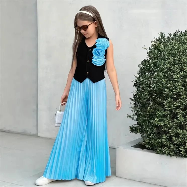 Little Girls' Color - Block Fashion Two - Piece Set: 3D Floral Sleeveless Vest + High - Waisted Pleated Wide - Leg Pants - Mom & Kids