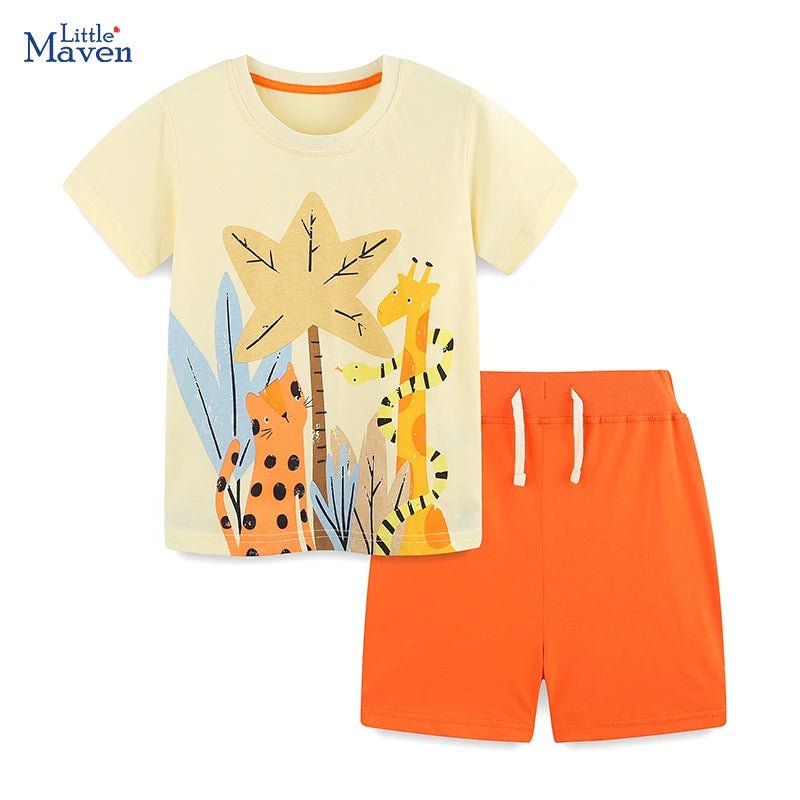 Little maven Baby Boys 2026 New Tracksuit Summer Cotton Children's Clothing Sets Cartoon Animals Tops+Pants Kids Clothes - Mom & Kids