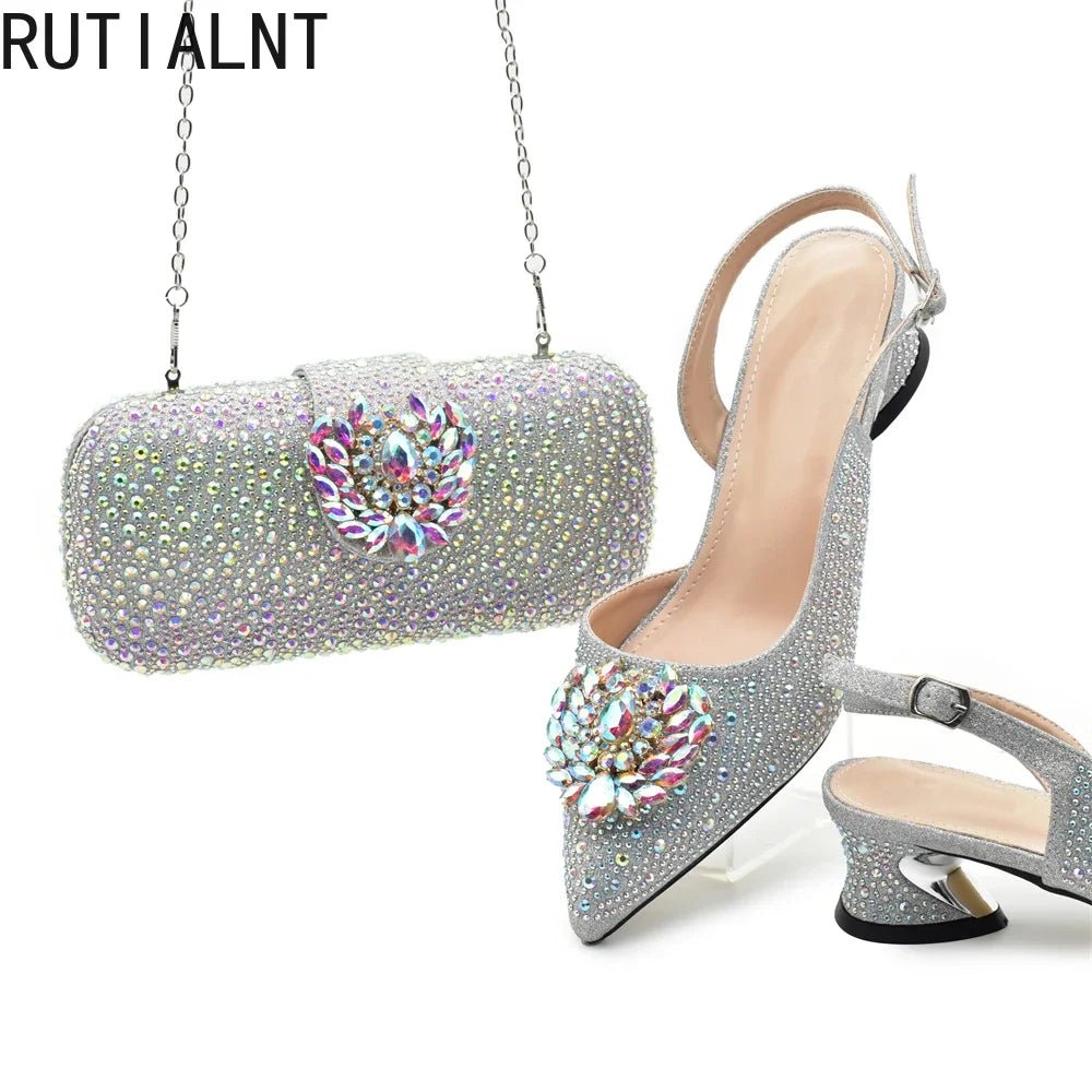 Luxury Designer Pumps Women Full Rhinestone Designer Shoe and Bag Sets From Italy - Mom & Kids