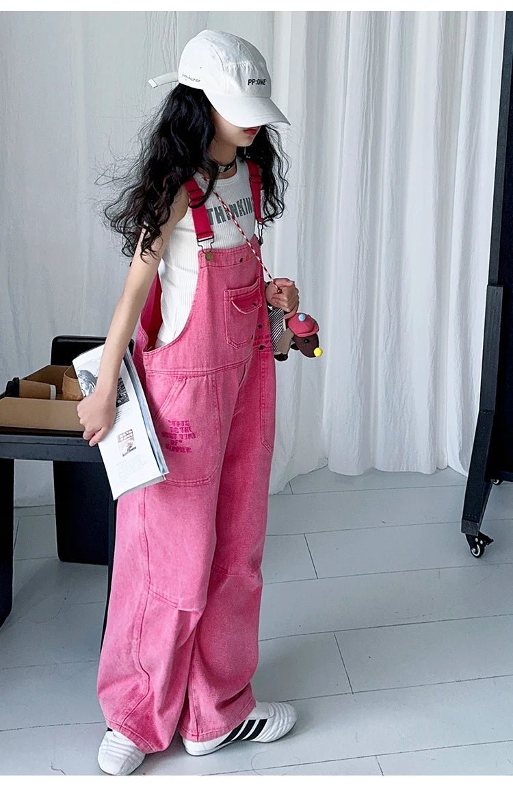 Luxury Kids Pink Denim Dungarees Bib Jeans for Teens Girl Casual Suspender Jumpsuit Child Fashion Jeans Overalls - Mom & Kids