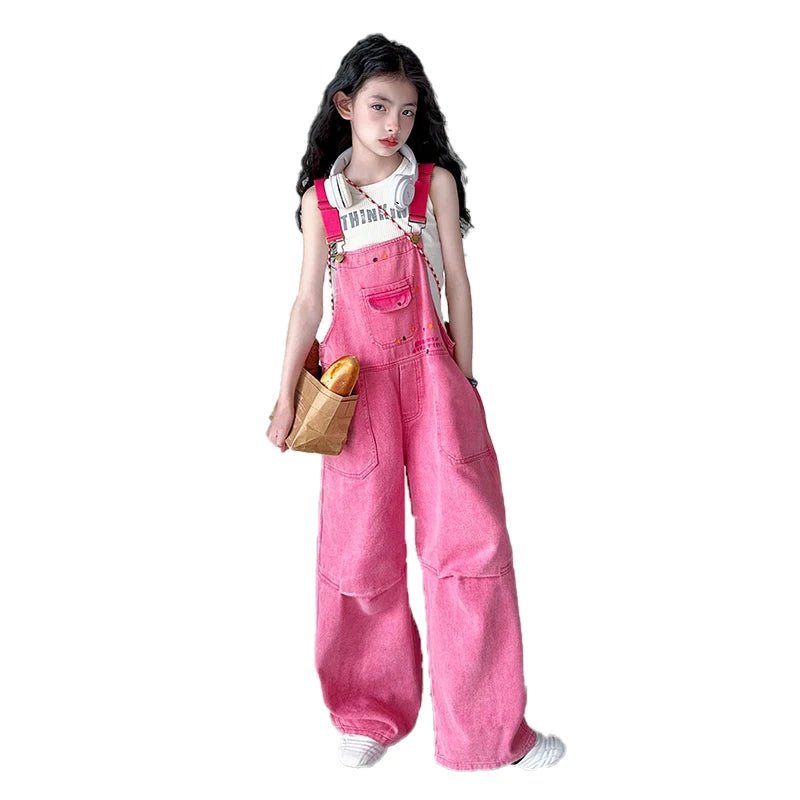 Luxury Kids Pink Denim Dungarees Bib Jeans for Teens Girl Casual Suspender Jumpsuit Child Fashion Jeans Overalls - Mom & Kids