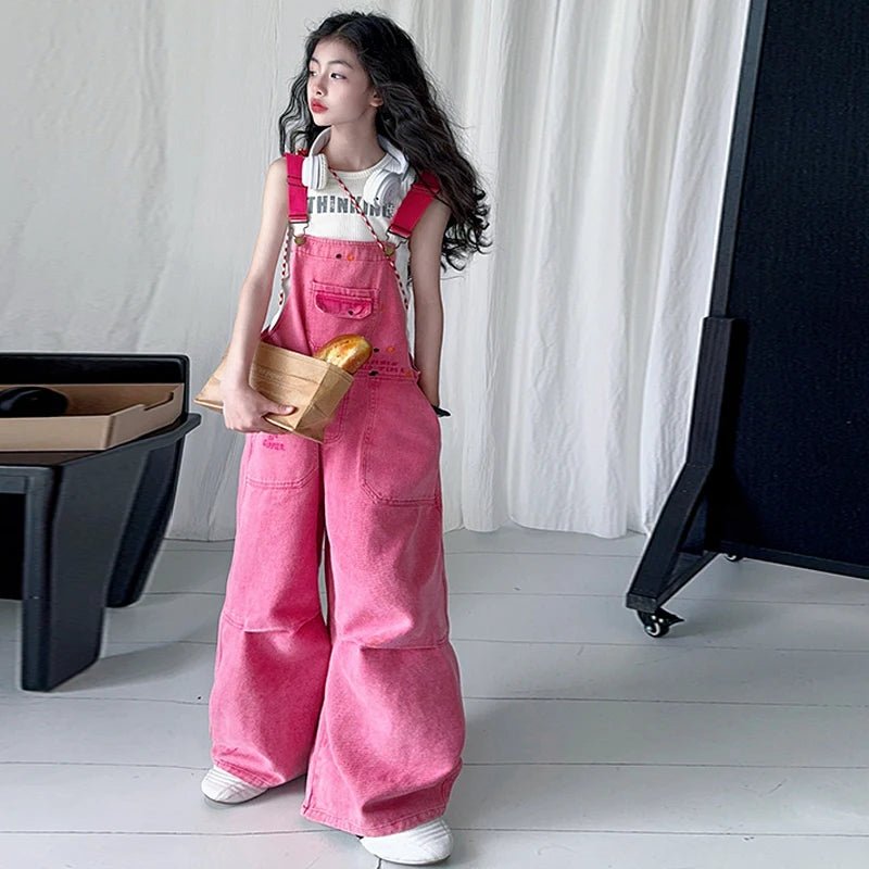 Luxury Kids Pink Denim Dungarees Bib Jeans for Teens Girl Casual Suspender Jumpsuit Child Fashion Jeans Overalls - Mom & Kids