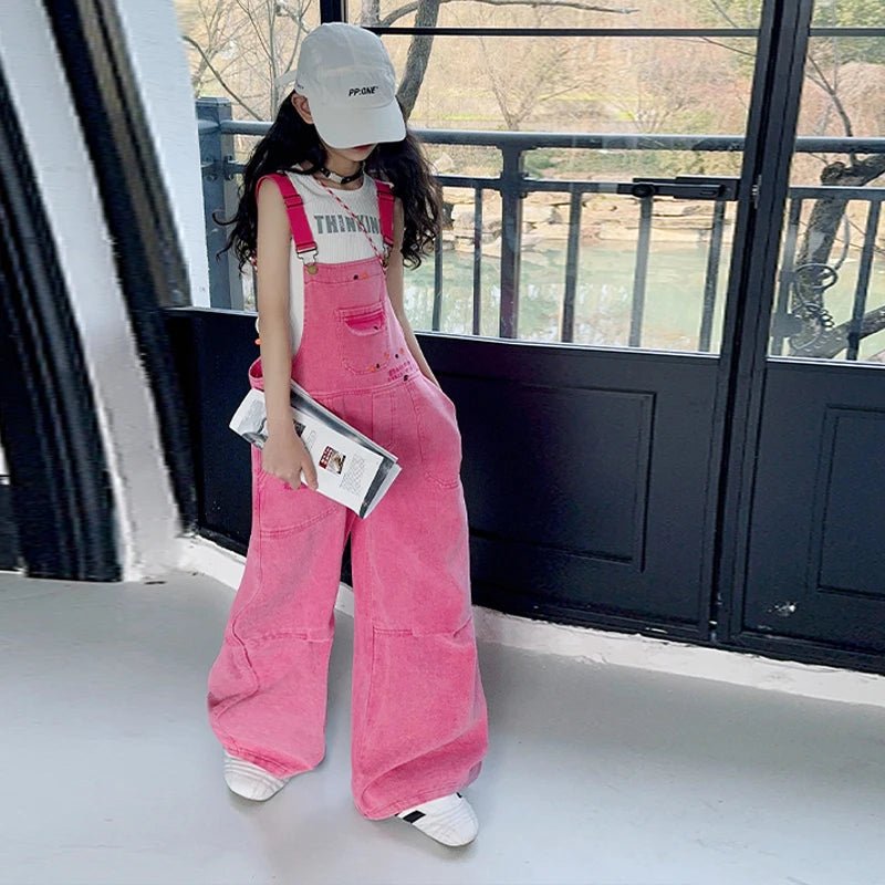 Luxury Kids Pink Denim Dungarees Bib Jeans for Teens Girl Casual Suspender Jumpsuit Child Fashion Jeans Overalls - Mom & Kids