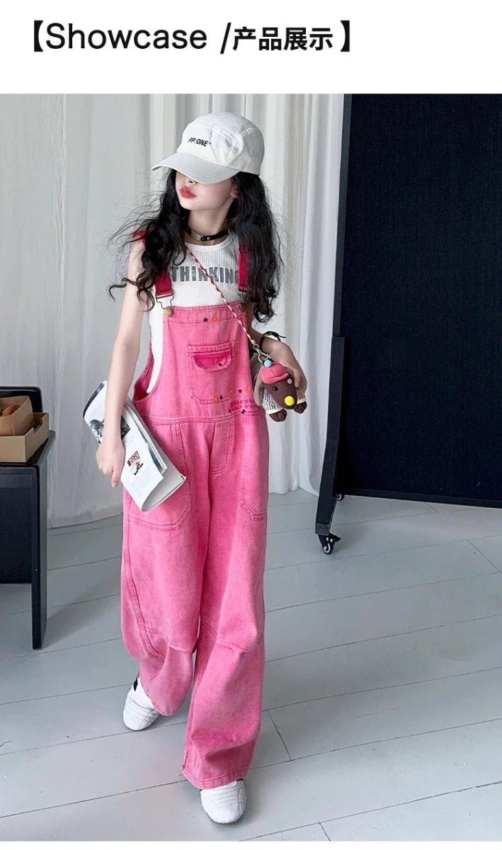 Luxury Kids Pink Denim Dungarees Bib Jeans for Teens Girl Casual Suspender Jumpsuit Child Fashion Jeans Overalls - Mom & Kids
